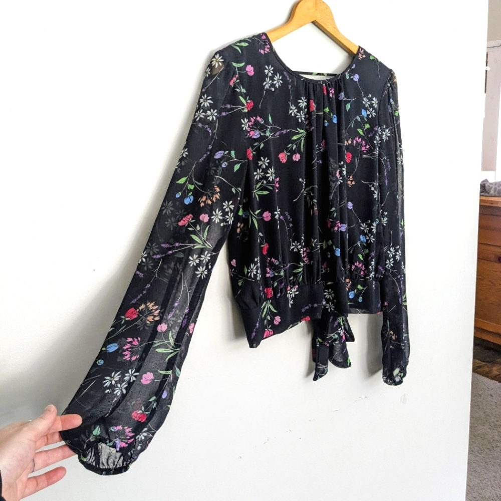 🌼 HP! Sheer Long Sleeve Wildflower Tie Back Blouse, Black, Willow&Clay